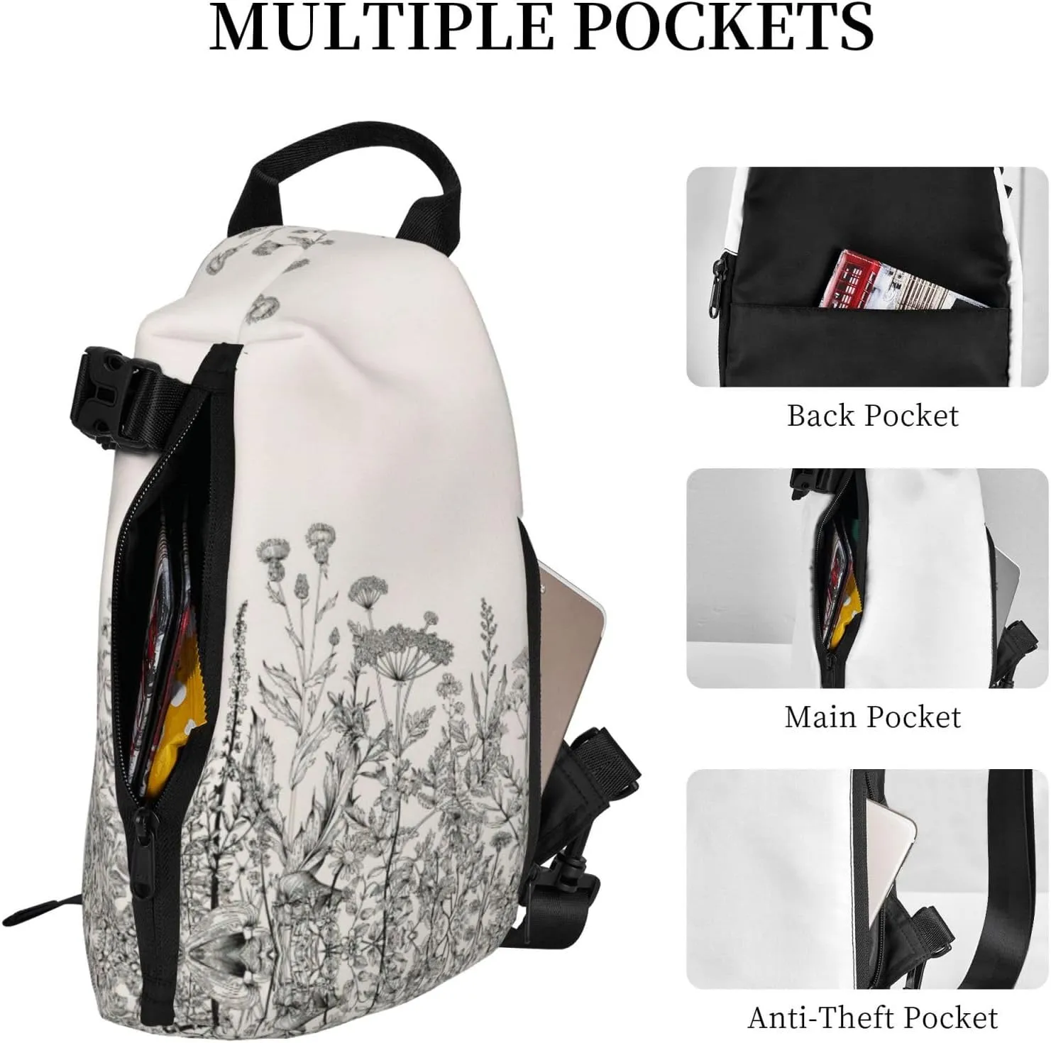 WURTON Floral Herbs Botanical Engraving Print Crossbody Backpack Cross Pack Lightweight Sling Bag Travel, Hiking