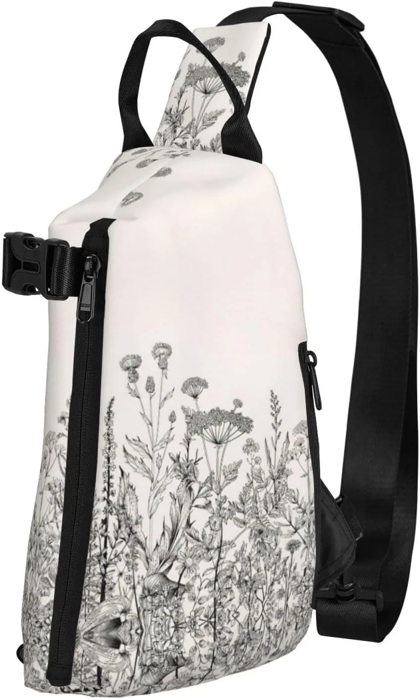 WURTON Floral Herbs Botanical Engraving Print Crossbody Backpack Cross Pack Lightweight Sling Bag Travel, Hiking