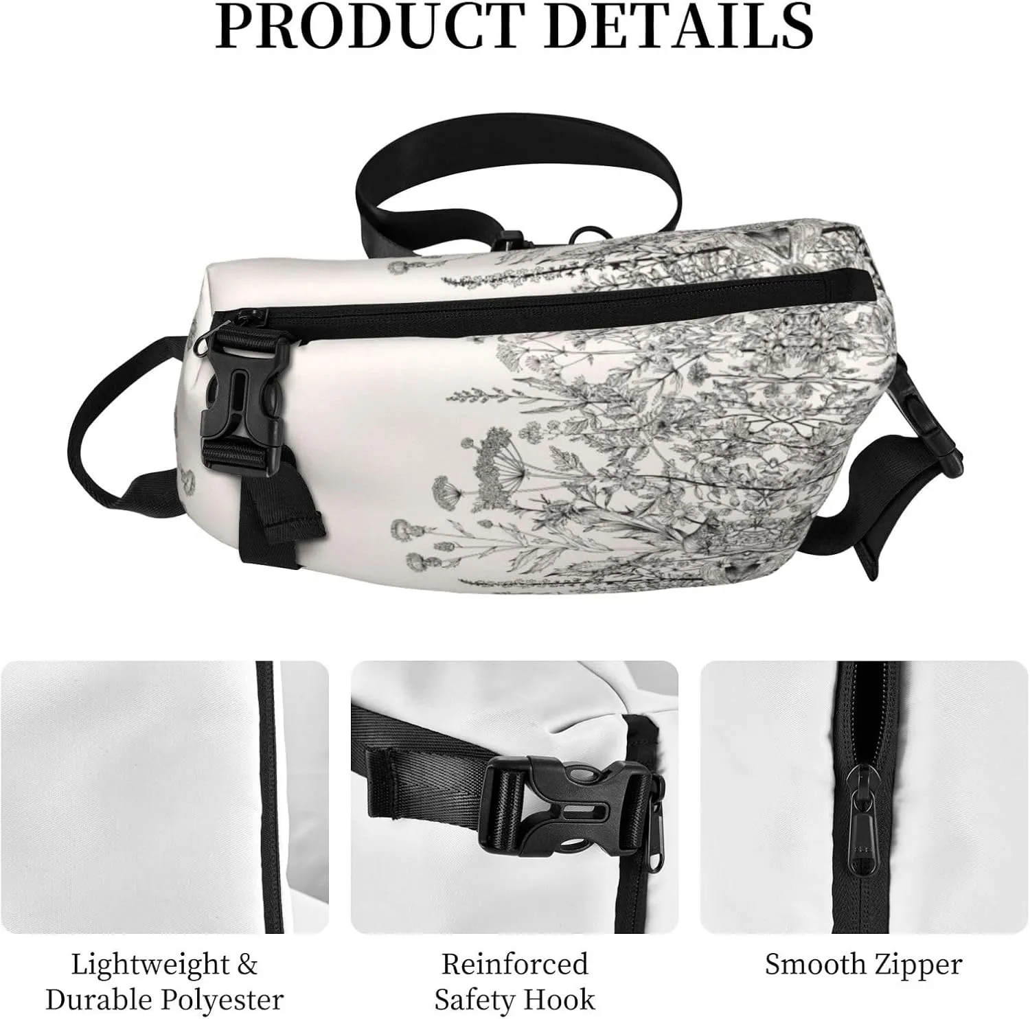 WURTON Floral Herbs Botanical Engraving Print Crossbody Backpack Cross Pack Lightweight Sling Bag Travel, Hiking