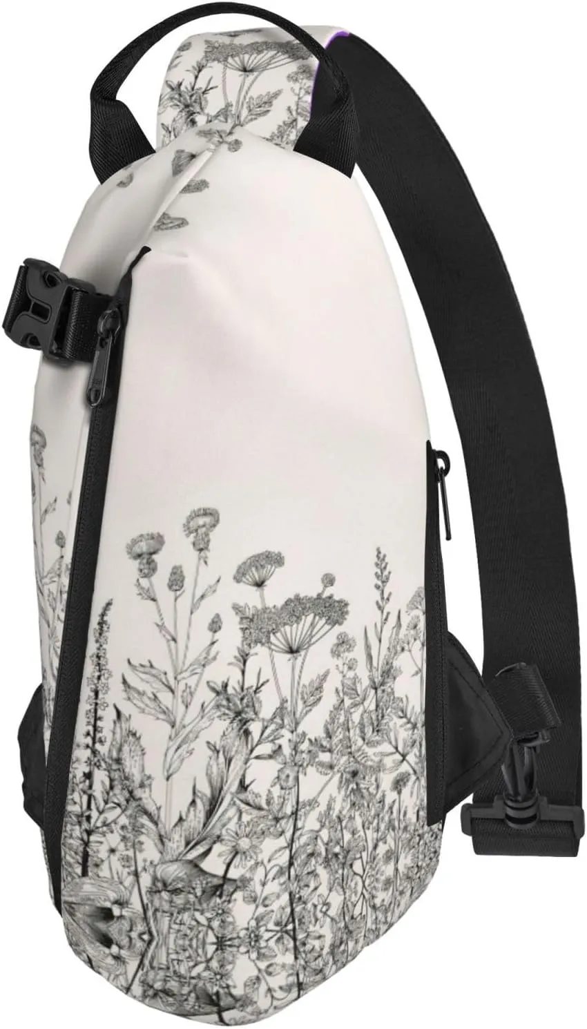 WURTON Floral Herbs Botanical Engraving Print Crossbody Backpack Cross Pack Lightweight Sling Bag Travel, Hiking