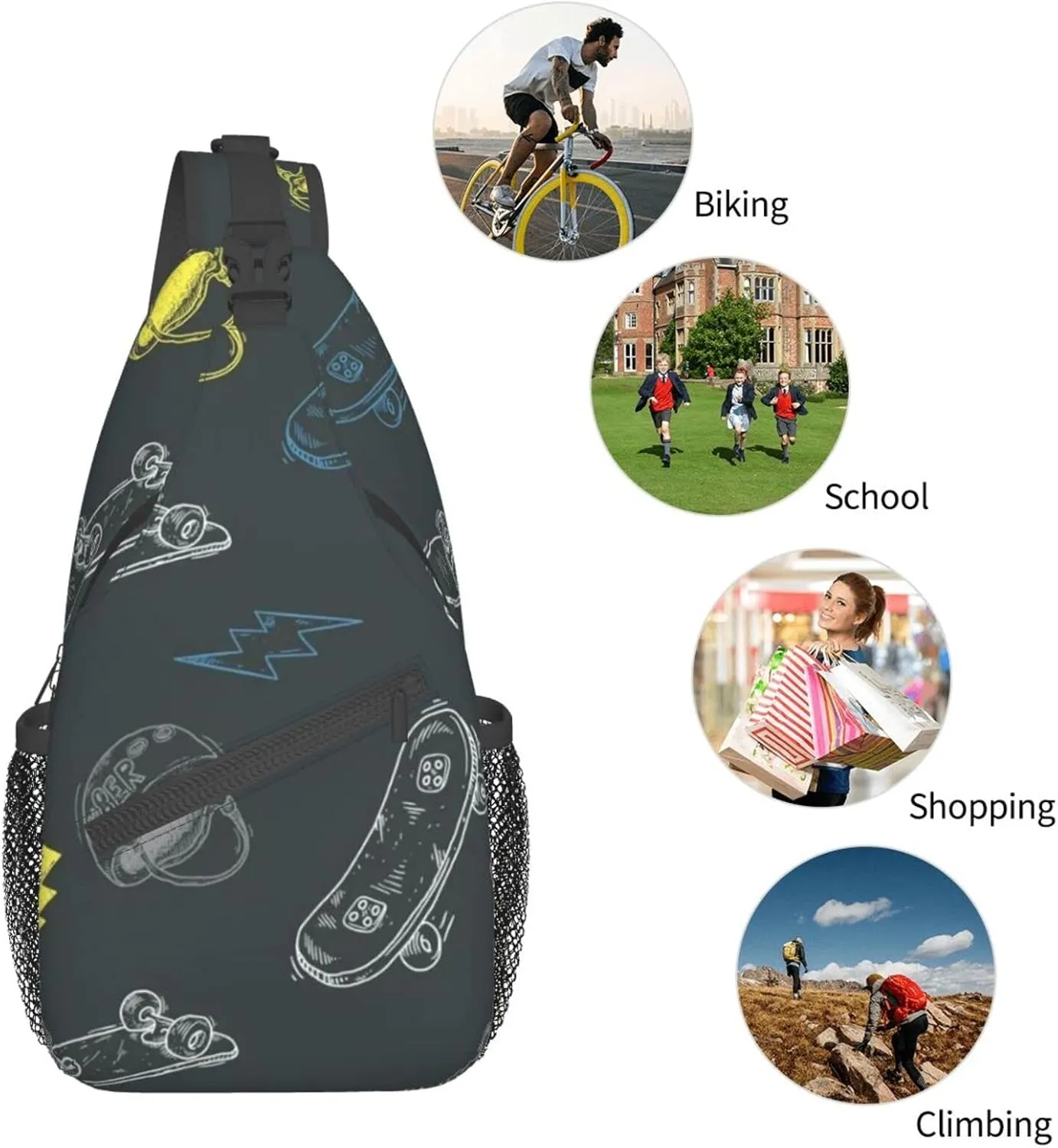 WURTON Graffiti Skateboard Print Trendy Casual Daypack Versatile Crossbody Backpack Shoulder Bag Fashionable Chest Bag