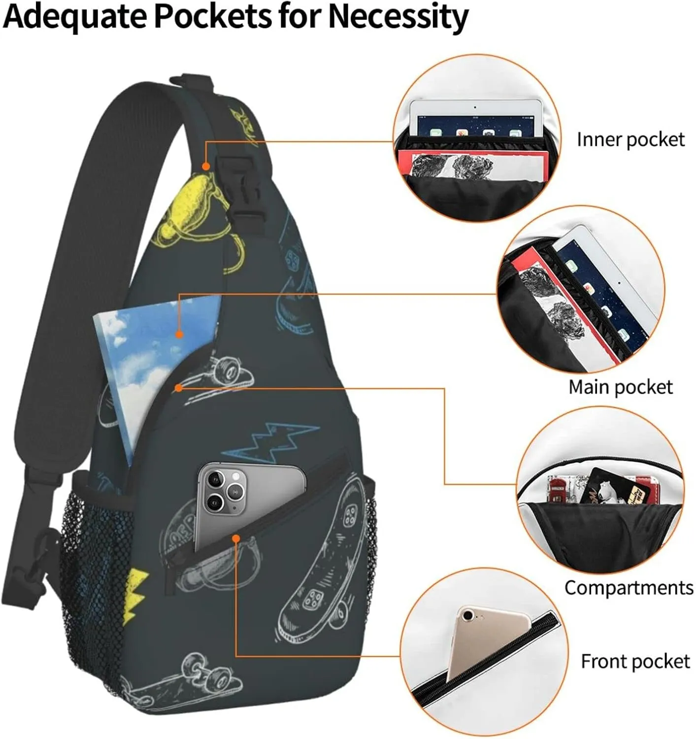 WURTON Graffiti Skateboard Print Trendy Casual Daypack Versatile Crossbody Backpack Shoulder Bag Fashionable Chest Bag