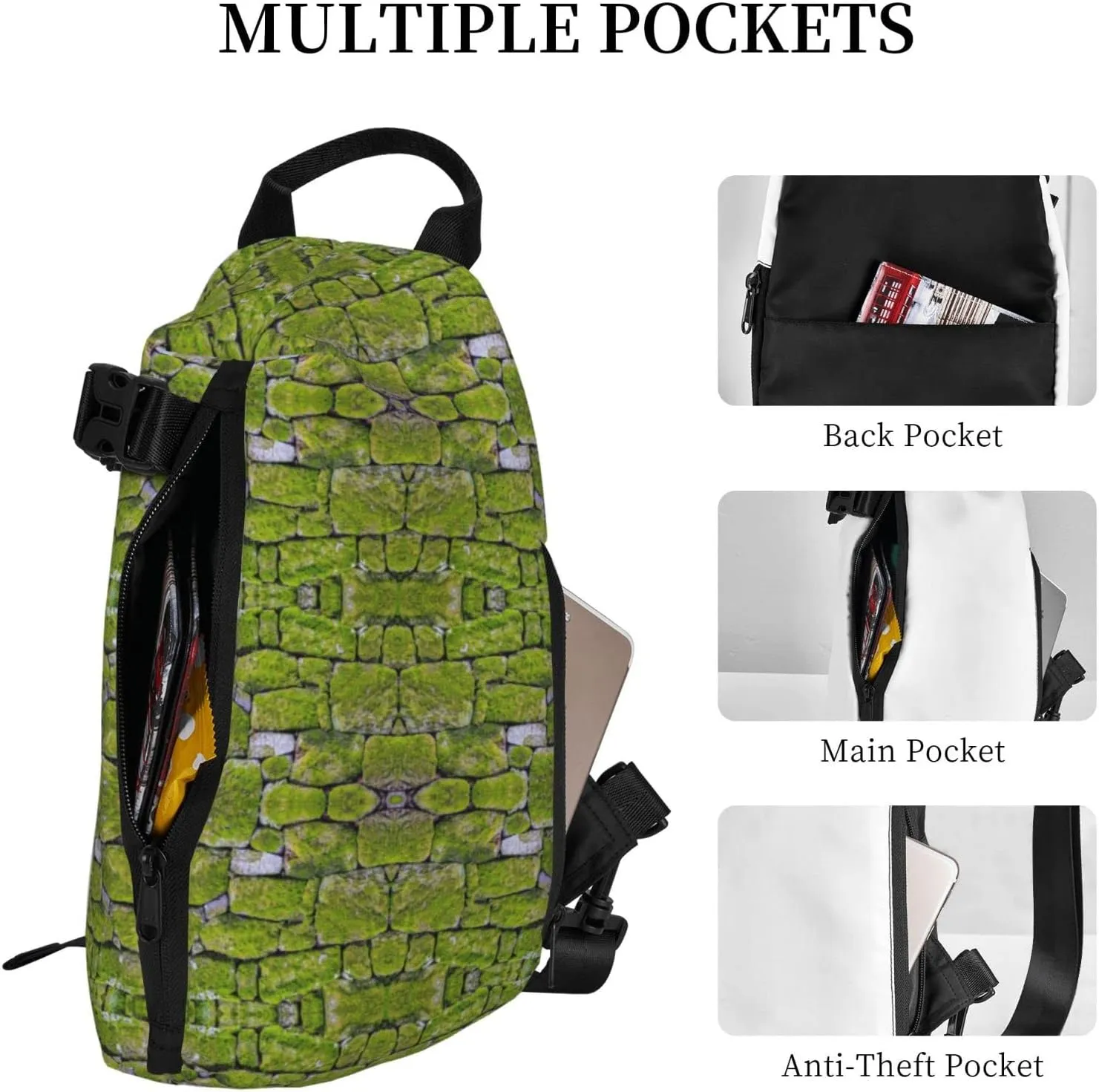 Wurton Moss Stone Pavement Print Travel Crossbody Backpack Bag,Lightweight Sling Bag For Travel Unisex