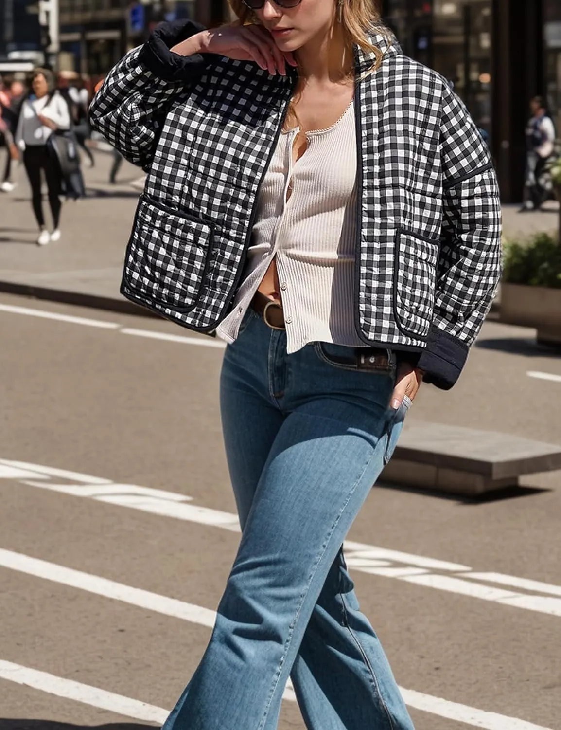 Wyeysyt Women's Cropped Puffer Jacket Quilted Floral Print Cardigan Button Up Long Sleeve Lightweight Open Front Padded Coat