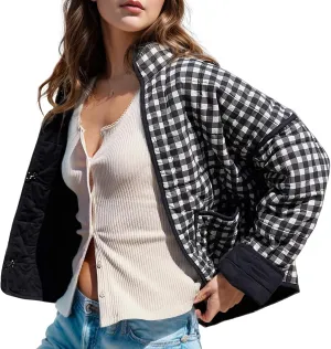 Wyeysyt Women's Cropped Puffer Jacket Quilted Floral Print Cardigan Button Up Long Sleeve Lightweight Open Front Padded Coat