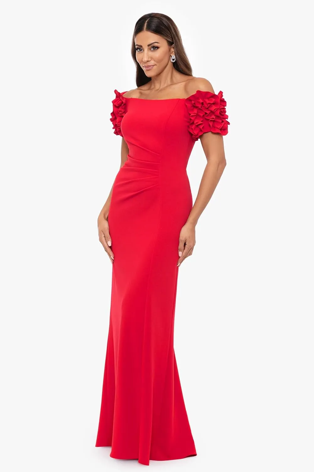 Xscape Women's Off The Shoulder Ruffle Scuba Crepe Floor Length Long Dress