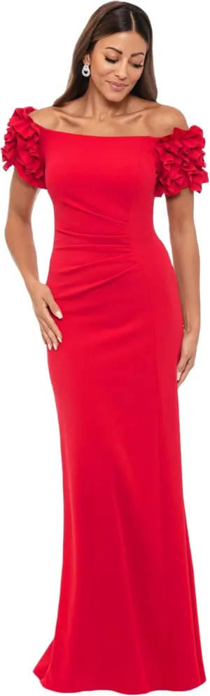 Xscape Women's Off The Shoulder Ruffle Scuba Crepe Floor Length Long Dress