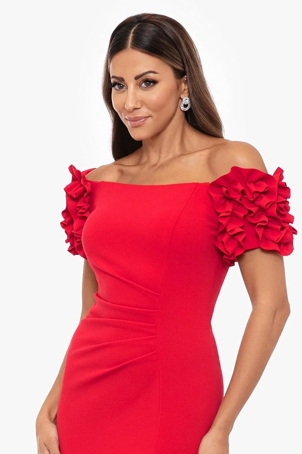 Xscape Women's Off The Shoulder Ruffle Scuba Crepe Floor Length Long Dress