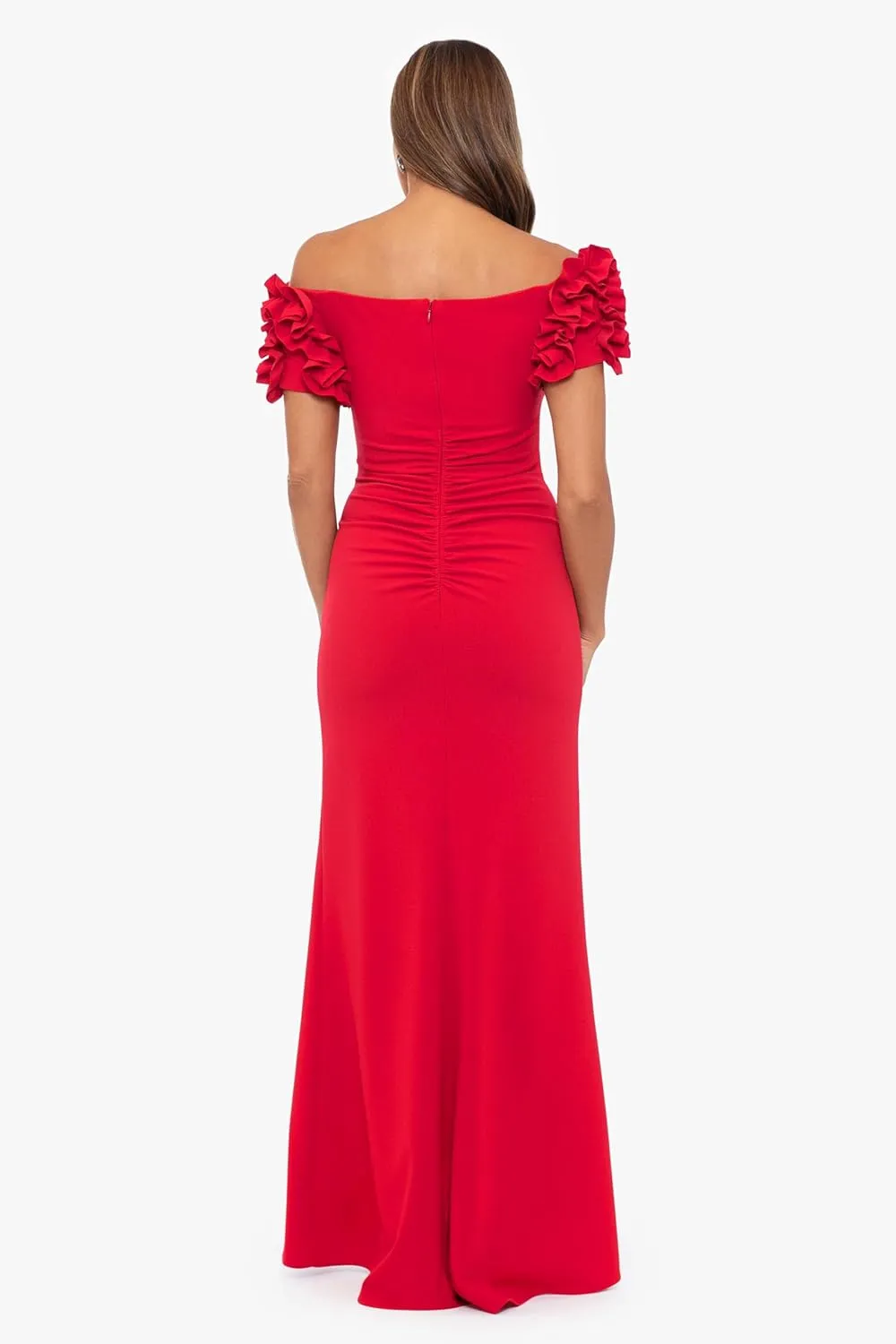 Xscape Women's Off The Shoulder Ruffle Scuba Crepe Floor Length Long Dress