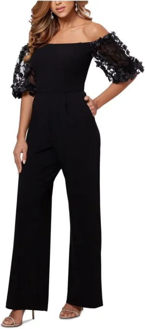 Xscape Womens Petites Floral Applique Off-The-Shoulder Jumpsuit Black 10P