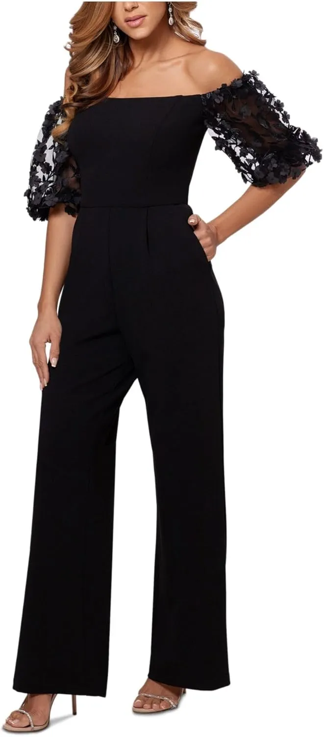 Xscape Womens Petites Floral Applique Off-The-Shoulder Jumpsuit Black 10P