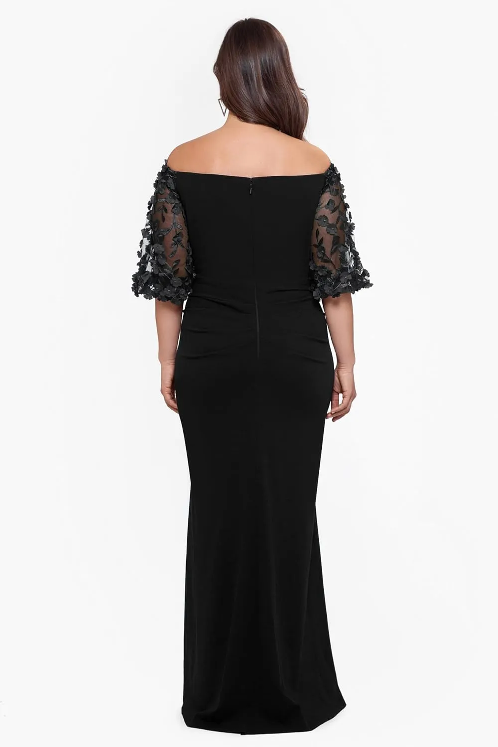 Xscape Women's Plus Size Long Illusion Sleeve Off The Shoulder Dress