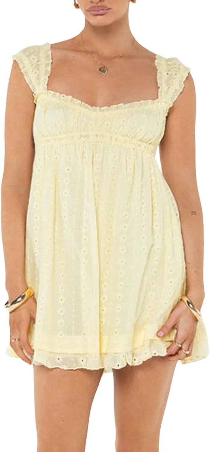 Y2k Floral Embroidery Graduation Mini Dress for Women Teen Girls Ruffle Hem Sleeveless Lace Short Party Dress