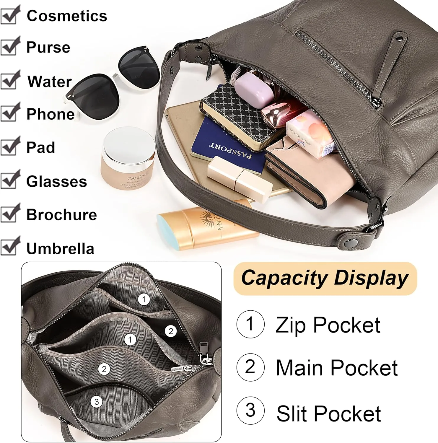 YALUXE Genuine Cowhide Leather Shoulder Bag Convertible Handbag Purse for Women