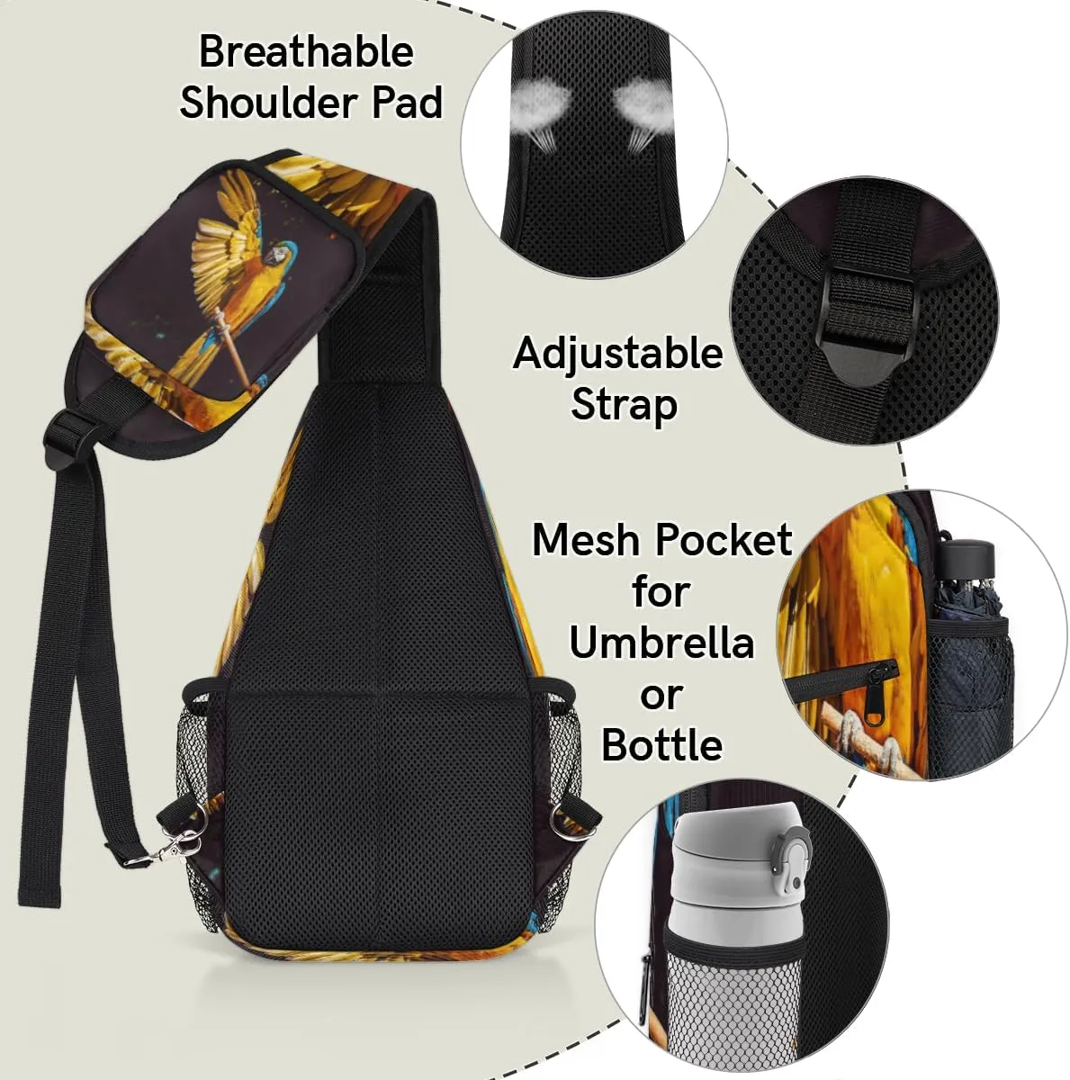 Yellow Parrot Macaw Sling Bag for Women Men Crossbody Sling Backpack Shoulder Bag Chest Bag Daypack for Travel Hiking Outdoor