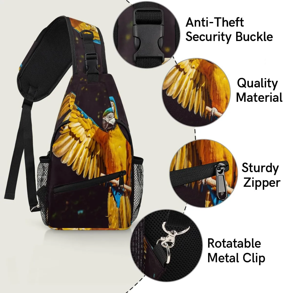 Yellow Parrot Macaw Sling Bag for Women Men Crossbody Sling Backpack Shoulder Bag Chest Bag Daypack for Travel Hiking Outdoor