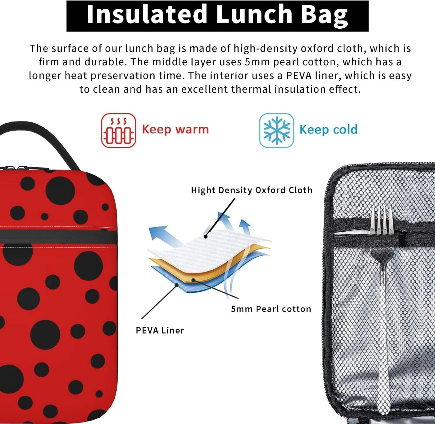 YETTA YANG Ladybug Black And Red Polka Dot Portable Lunch Bag Insulated Lunch Box Reusable Totes For Women Men Work Picnic Camping