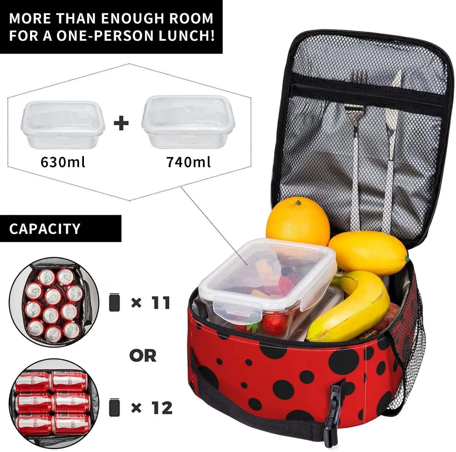 YETTA YANG Ladybug Black And Red Polka Dot Portable Lunch Bag Insulated Lunch Box Reusable Totes For Women Men Work Picnic Camping