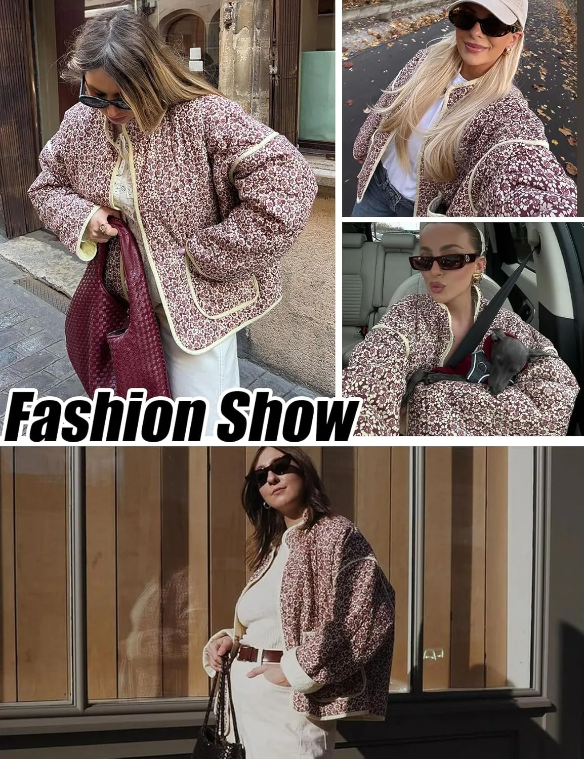 Yimoon Women's Cropped Puffer Quilted Jacket Vintage Floral Print Open Front Lightweight Short Jacket Outwear