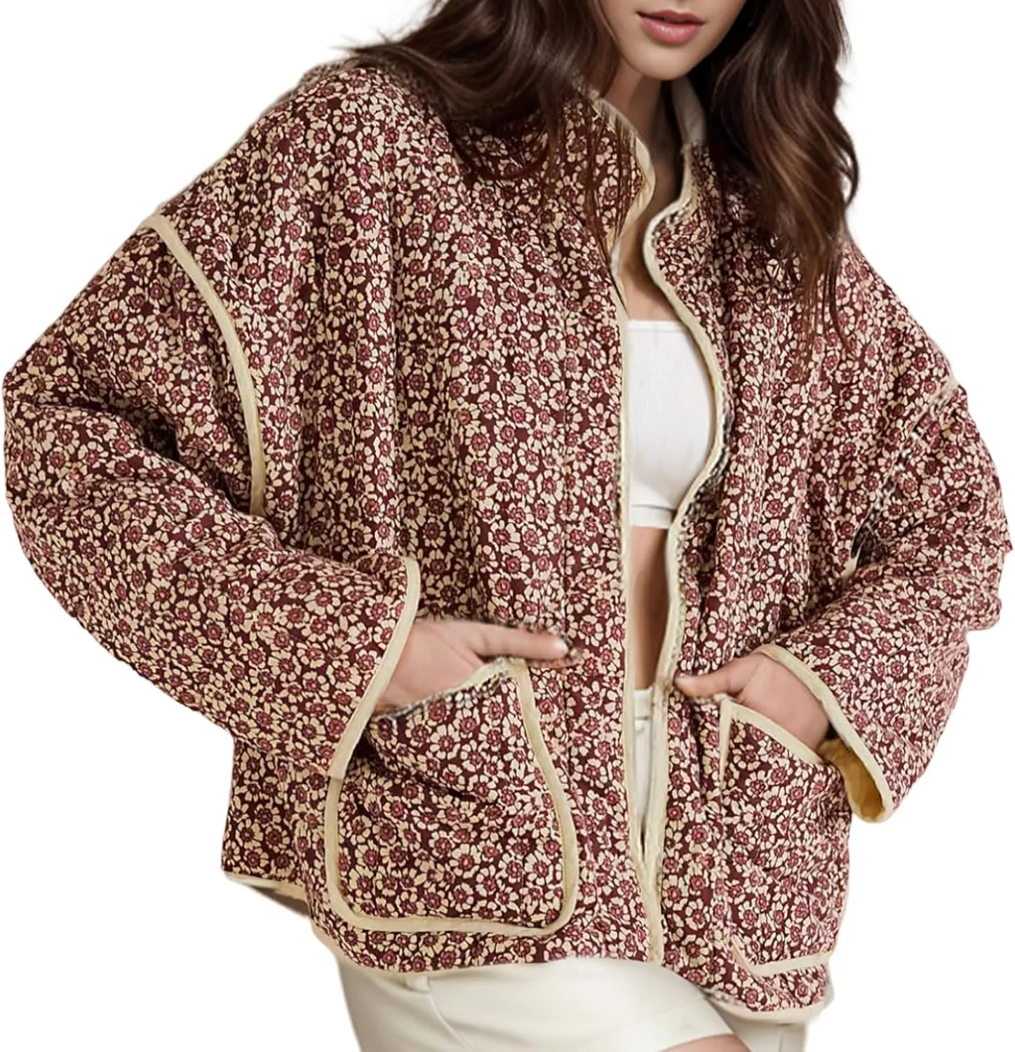 Yimoon Women's Cropped Puffer Quilted Jacket Vintage Floral Print Open Front Lightweight Short Jacket Outwear