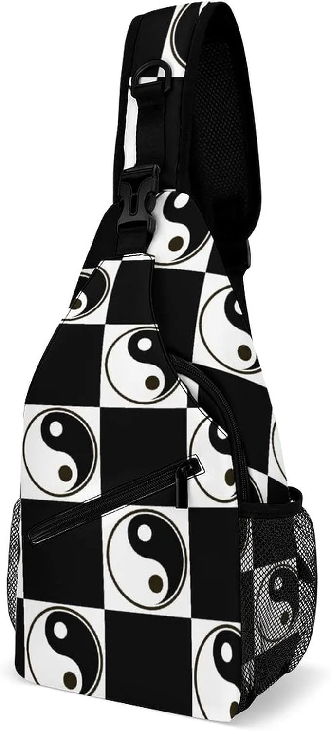 Yin Yang Symbol Sling Bag Crossbody Shoulder Backpack Black White Adjustable Lightweight Travel Hiking Casual Daypack for Men Women