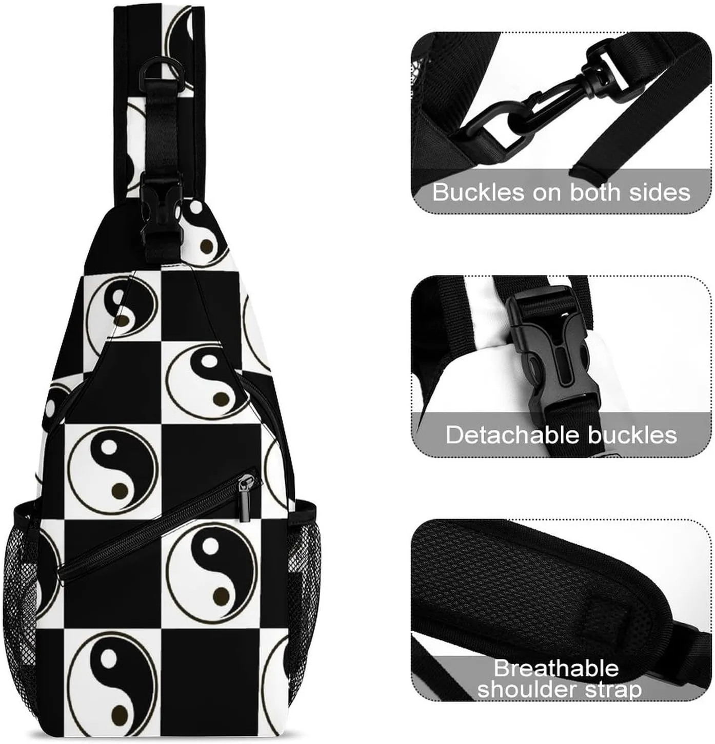 Yin Yang Symbol Sling Bag Crossbody Shoulder Backpack Black White Adjustable Lightweight Travel Hiking Casual Daypack for Men Women