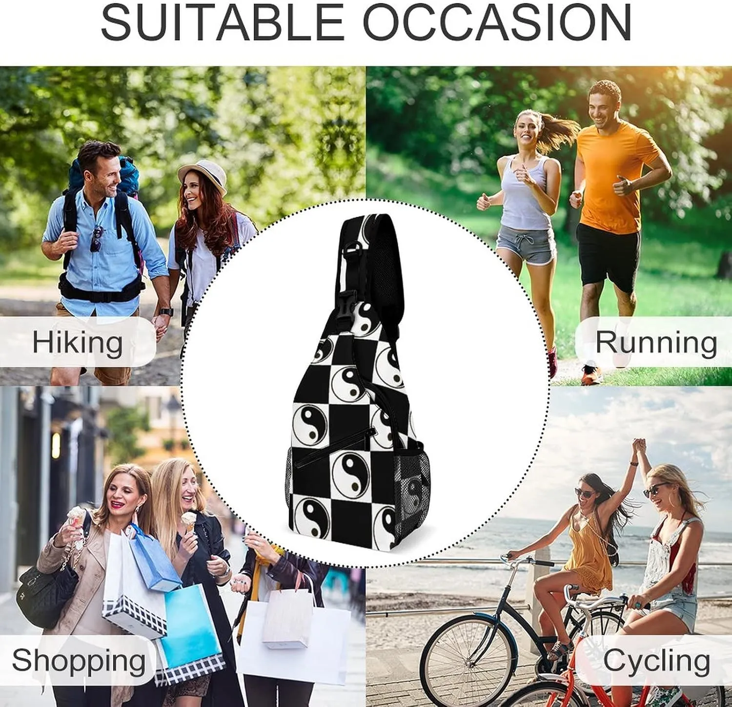 Yin Yang Symbol Sling Bag Crossbody Shoulder Backpack Black White Adjustable Lightweight Travel Hiking Casual Daypack for Men Women