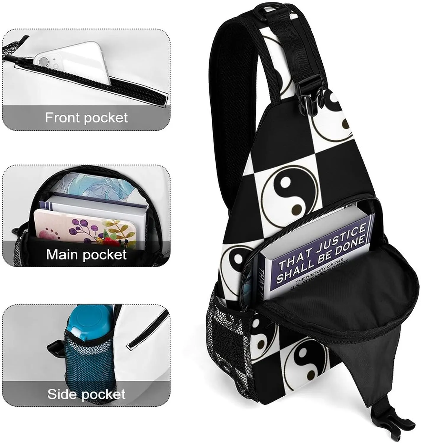 Yin Yang Symbol Sling Bag Crossbody Shoulder Backpack Black White Adjustable Lightweight Travel Hiking Casual Daypack for Men Women