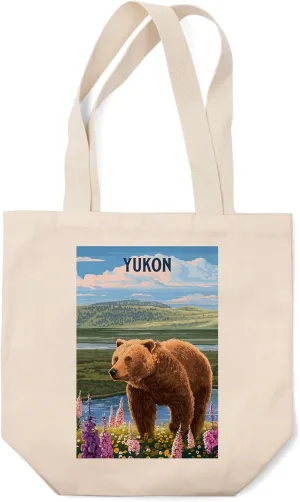 Yukon, Painterly, Grizzly Bear in Meadow (100% Cotton Canvas Reusable Tote Bag)