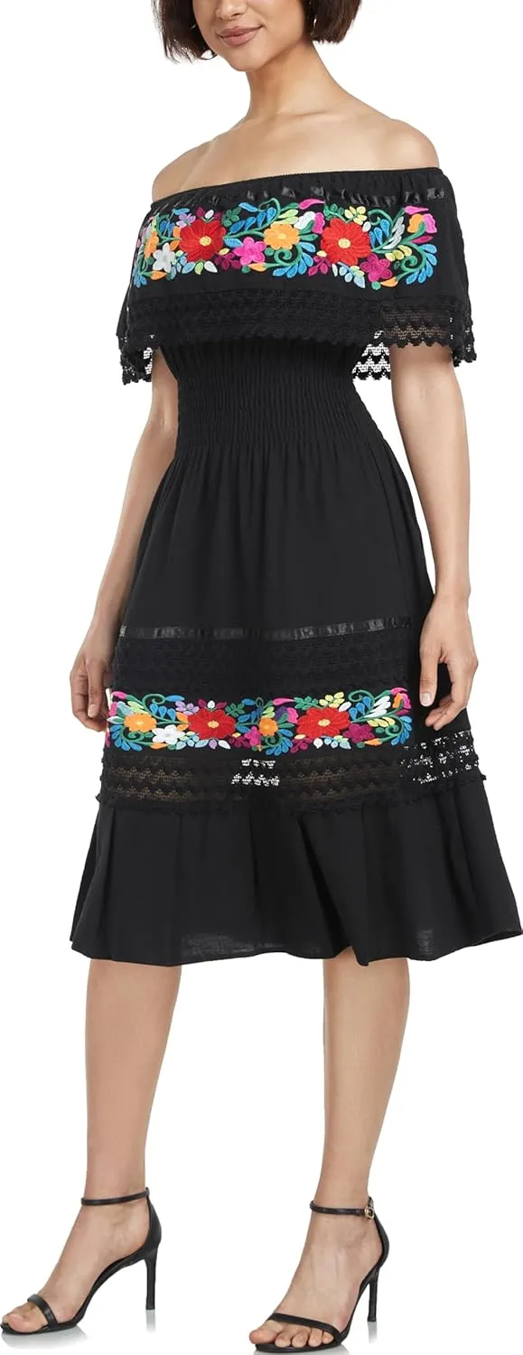 YZXDORWJ Mexican Dress for Women Embroidered Traditional Boho Theme Fiesta Floral Lace Off-Shoulder Ruffle Party Dress