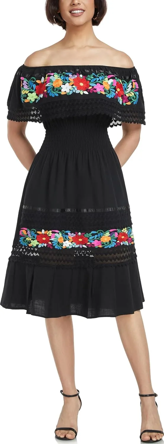 YZXDORWJ Mexican Dress for Women Embroidered Traditional Boho Theme Fiesta Floral Lace Off-Shoulder Ruffle Party Dress
