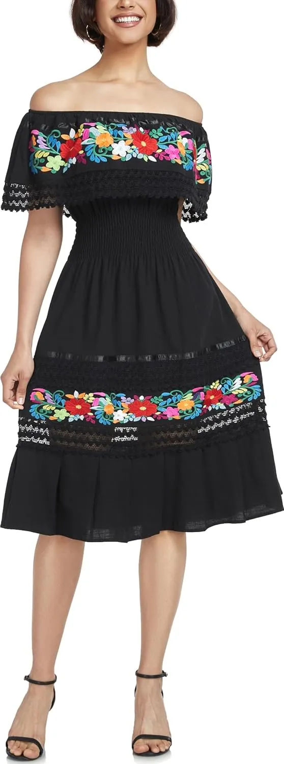 YZXDORWJ Mexican Dress for Women Embroidered Traditional Boho Theme Fiesta Floral Lace Off-Shoulder Ruffle Party Dress