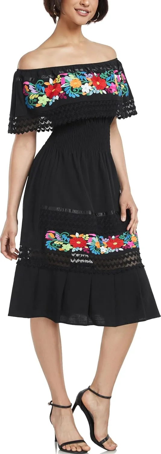 YZXDORWJ Mexican Dress for Women Embroidered Traditional Boho Theme Fiesta Floral Lace Off-Shoulder Ruffle Party Dress