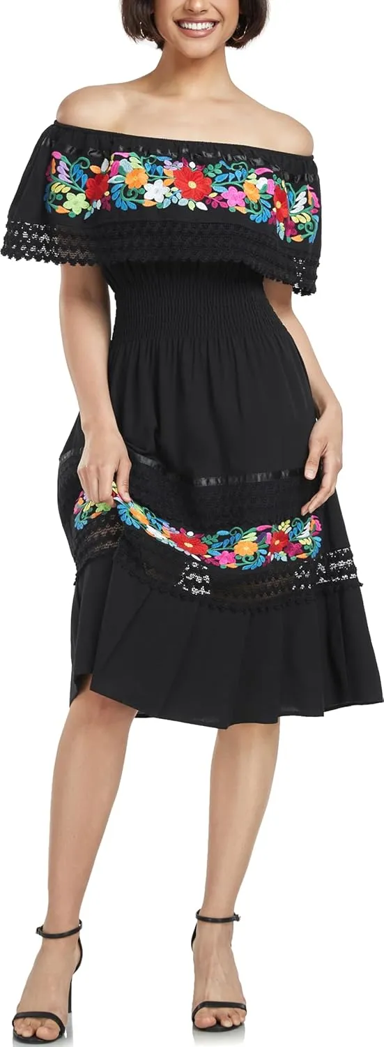 YZXDORWJ Mexican Dress for Women Embroidered Traditional Boho Theme Fiesta Floral Lace Off-Shoulder Ruffle Party Dress