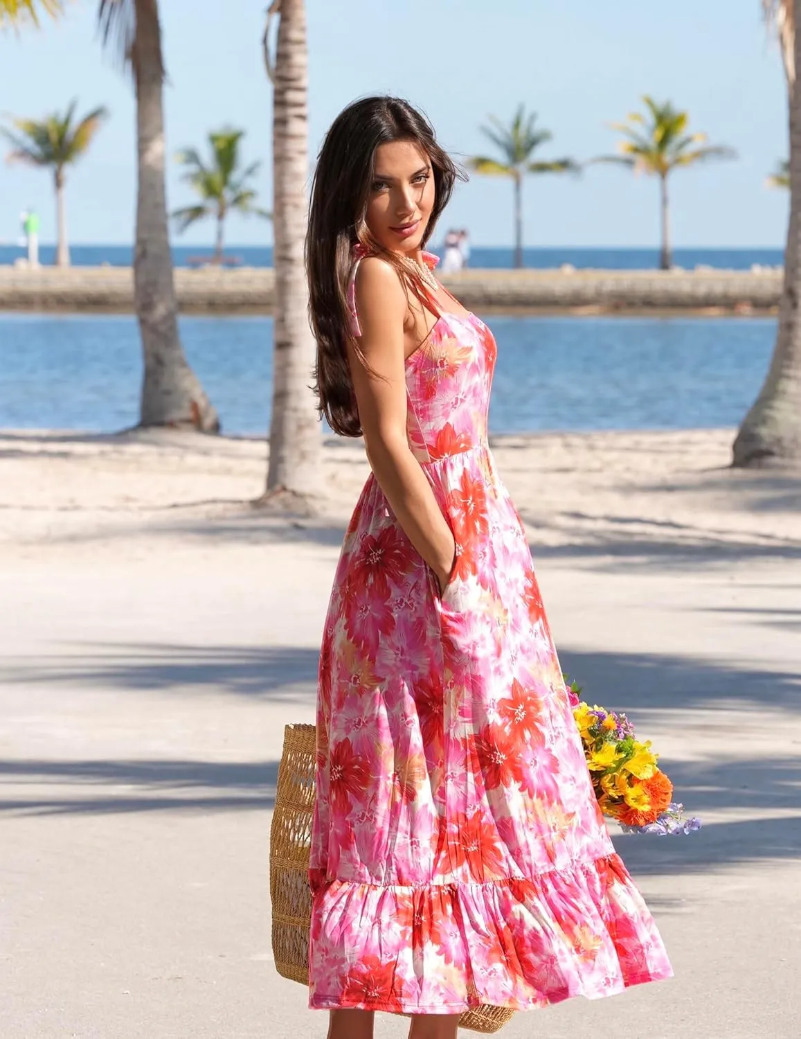 Zeagoo Women Summer Maxi Dress with Pockets 2025 Spaghetti Strap Sundress Casual Flowy Boho Dress Floral Tiered Beach Dress