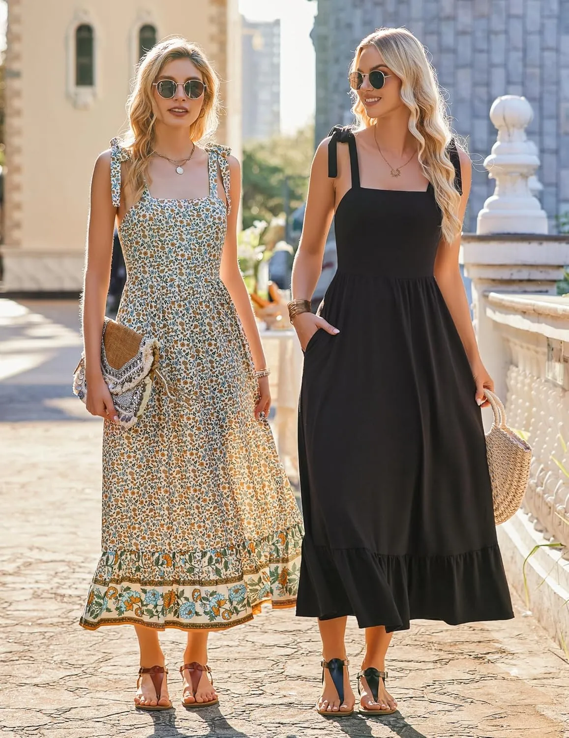 Zeagoo Women Summer Maxi Dress with Pockets 2025 Spaghetti Strap Sundress Casual Flowy Boho Dress Floral Tiered Beach Dress
