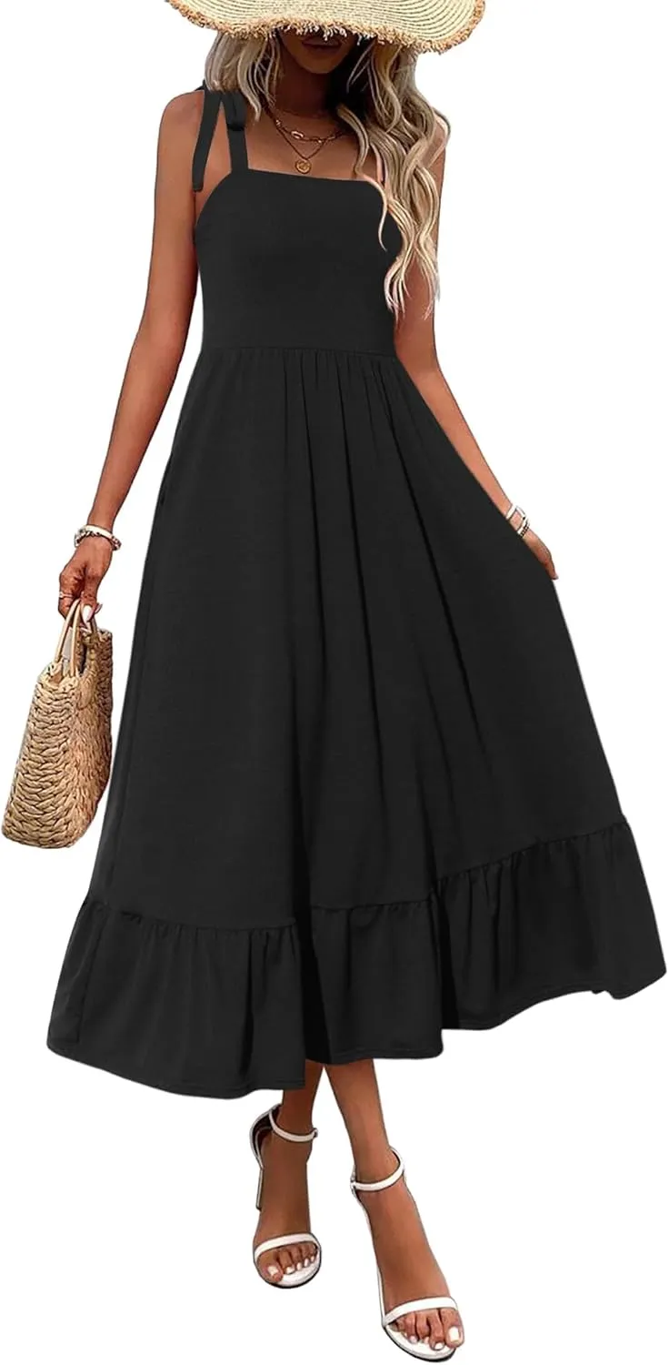 Zeagoo Women Summer Maxi Dress with Pockets 2025 Spaghetti Strap Sundress Casual Flowy Boho Dress Floral Tiered Beach Dress
