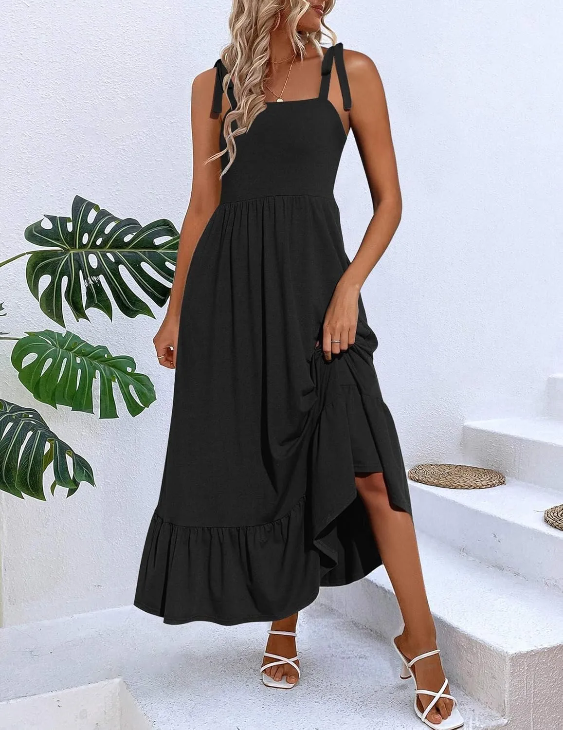 Zeagoo Women Summer Maxi Dress with Pockets 2025 Spaghetti Strap Sundress Casual Flowy Boho Dress Floral Tiered Beach Dress