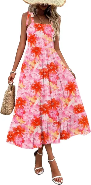 Zeagoo Women Summer Maxi Dress with Pockets 2025 Spaghetti Strap Sundress Casual Flowy Boho Dress Floral Tiered Beach Dress