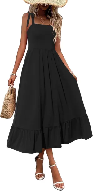 Zeagoo Women Summer Maxi Dress with Pockets 2025 Spaghetti Strap Sundress Casual Flowy Boho Dress Floral Tiered Beach Dress