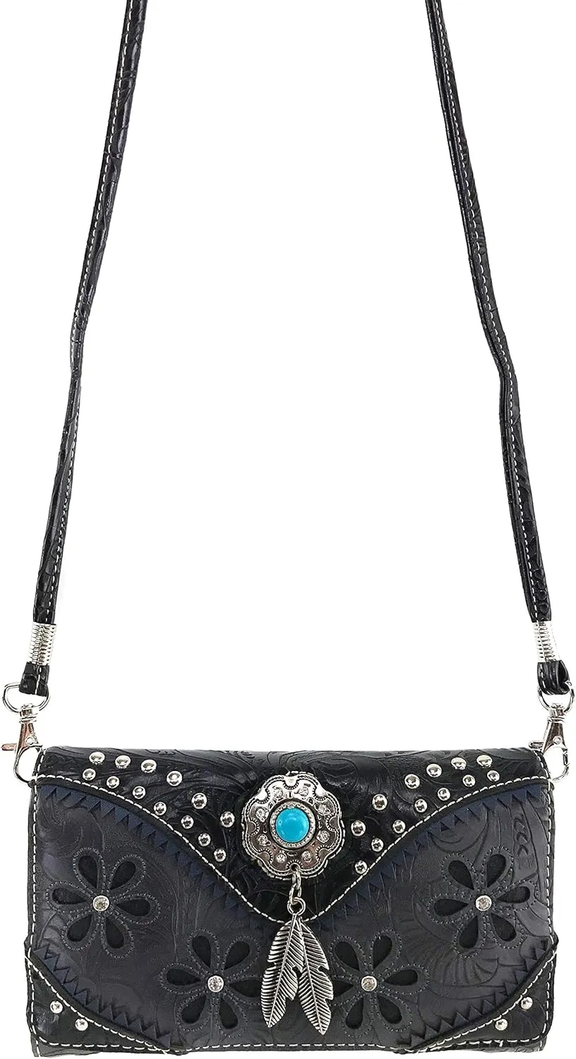 Zelris Floral Western Pu Tooled Leather Turquoise Concho Feathers Crossbody Trifold Wallet