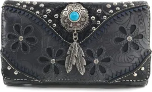 Zelris Floral Western Pu Tooled Leather Turquoise Concho Feathers Crossbody Trifold Wallet