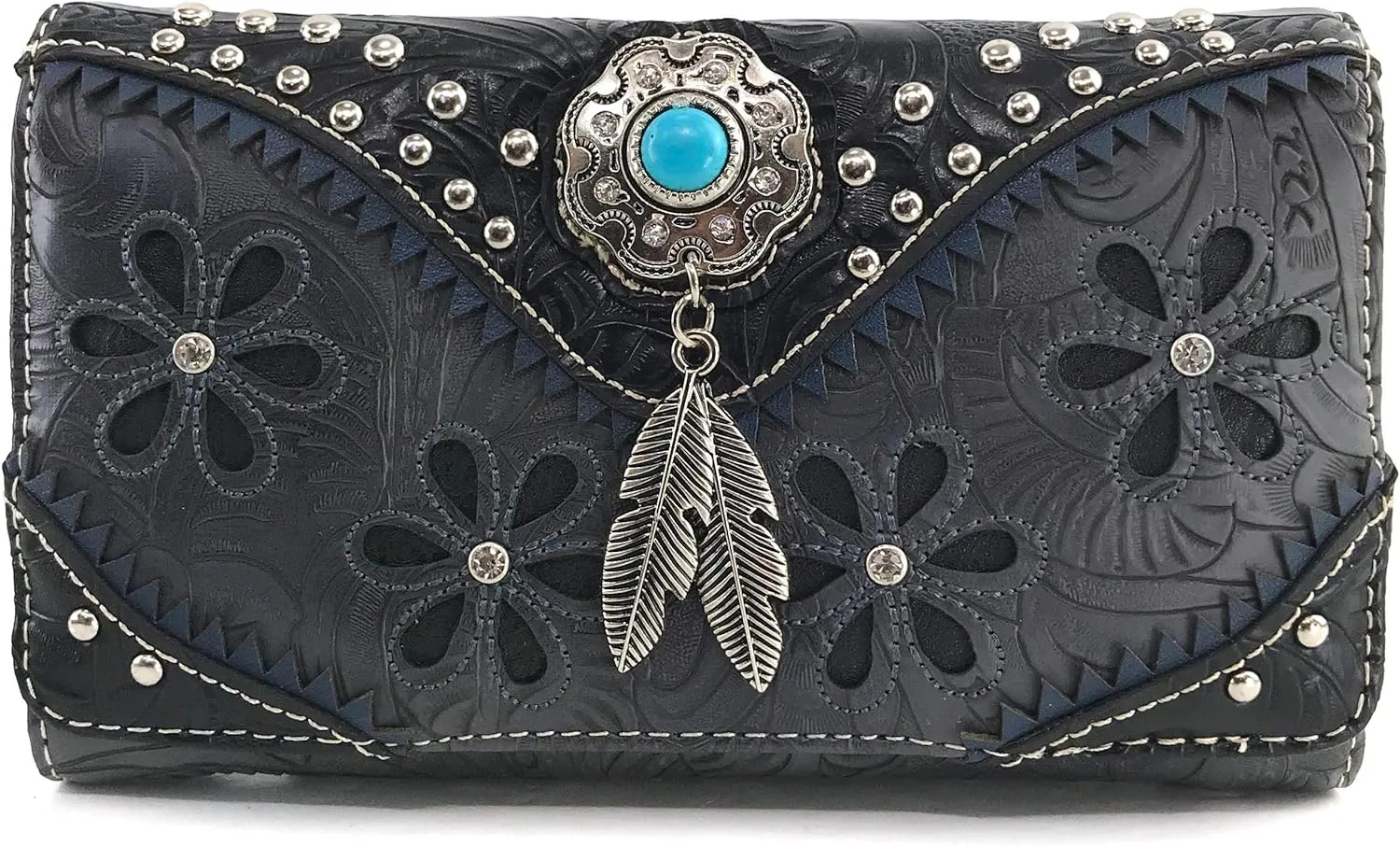 Zelris Floral Western Pu Tooled Leather Turquoise Concho Feathers Crossbody Trifold Wallet