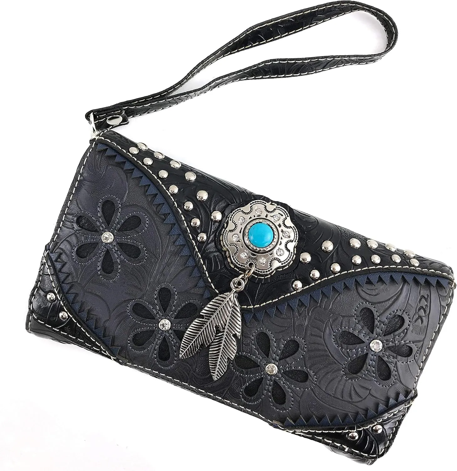 Zelris Floral Western Pu Tooled Leather Turquoise Concho Feathers Crossbody Trifold Wallet