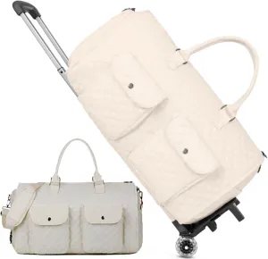 Zentotex Foldable Travel Bag, Zentotex Deluxe Foldable Travel Bag, High Capacity Folding Suit Luggage (Lvory white (with wheels))