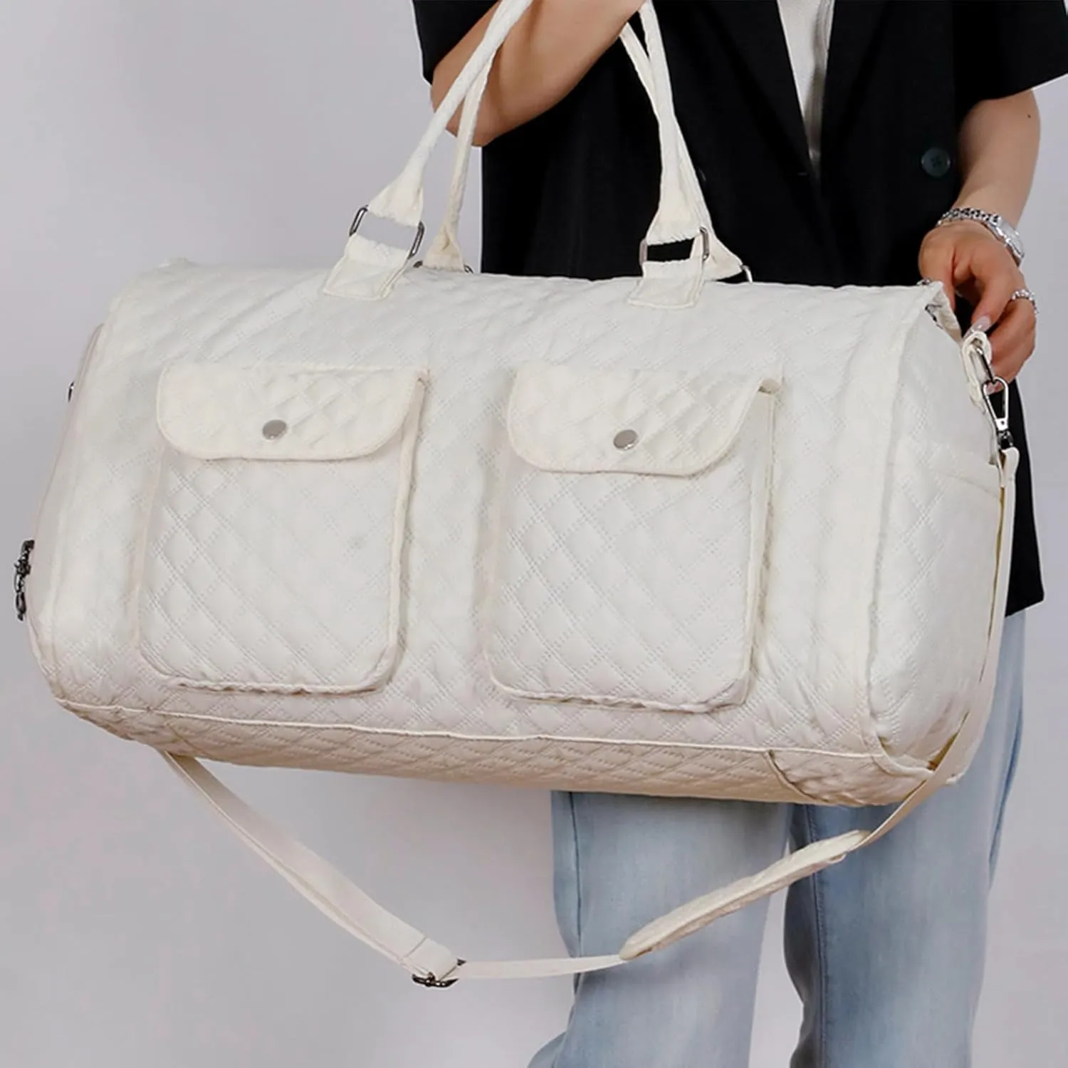 Zentotex Foldable Travel Bag, Zentotex Deluxe Foldable Travel Bag, High Capacity Folding Suit Luggage (Lvory white (with wheels))