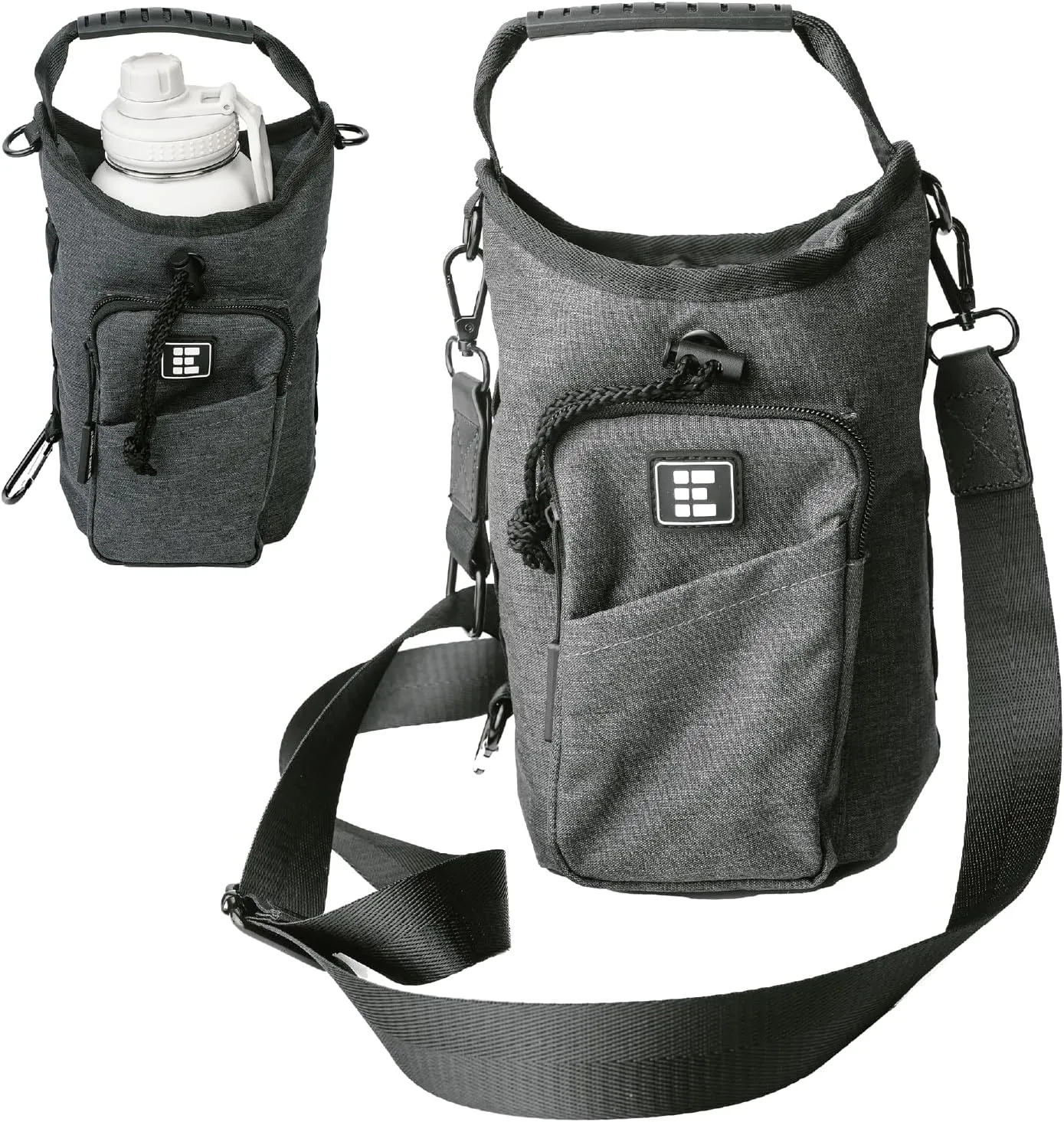 Zero Grid Insulated Water Bottle Carrier with RFID-Blocking Pocket for Personal Data, Electronics, and Phone - Fits 32 oz/1 L Bottles - Crossbody Bag with Adjustable Sling for Hiking and Travel - Grey