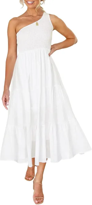 ZESICA Women's 2025 Bohemian Summer Floral Print One Shoulder Sleeveless Smocked Ruffle Tiered Beach Long Midi Dress