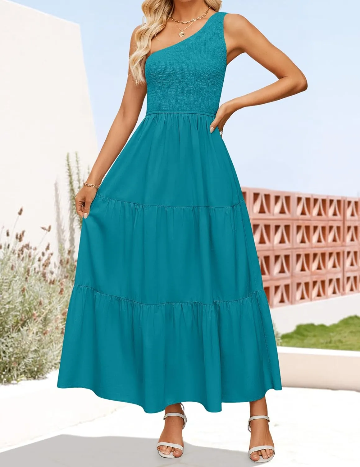 ZESICA Women's 2025 Bohemian Summer Floral Print One Shoulder Sleeveless Smocked Ruffle Tiered Beach Long Midi Dress