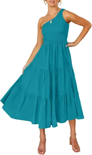 ZESICA Women's 2025 Bohemian Summer Floral Print One Shoulder Sleeveless Smocked Ruffle Tiered Beach Long Midi Dress